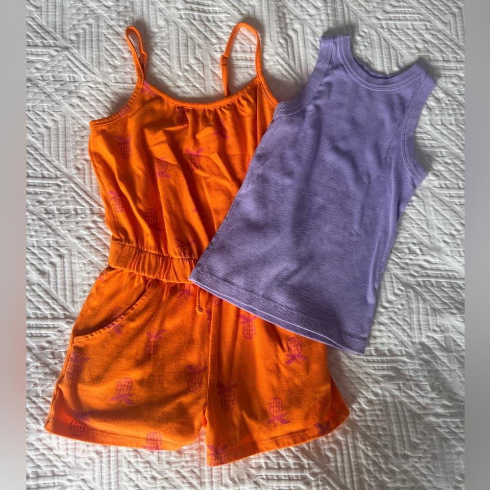 Girls Orange Pineapple One-Piece Romper plus Purple Tank Top